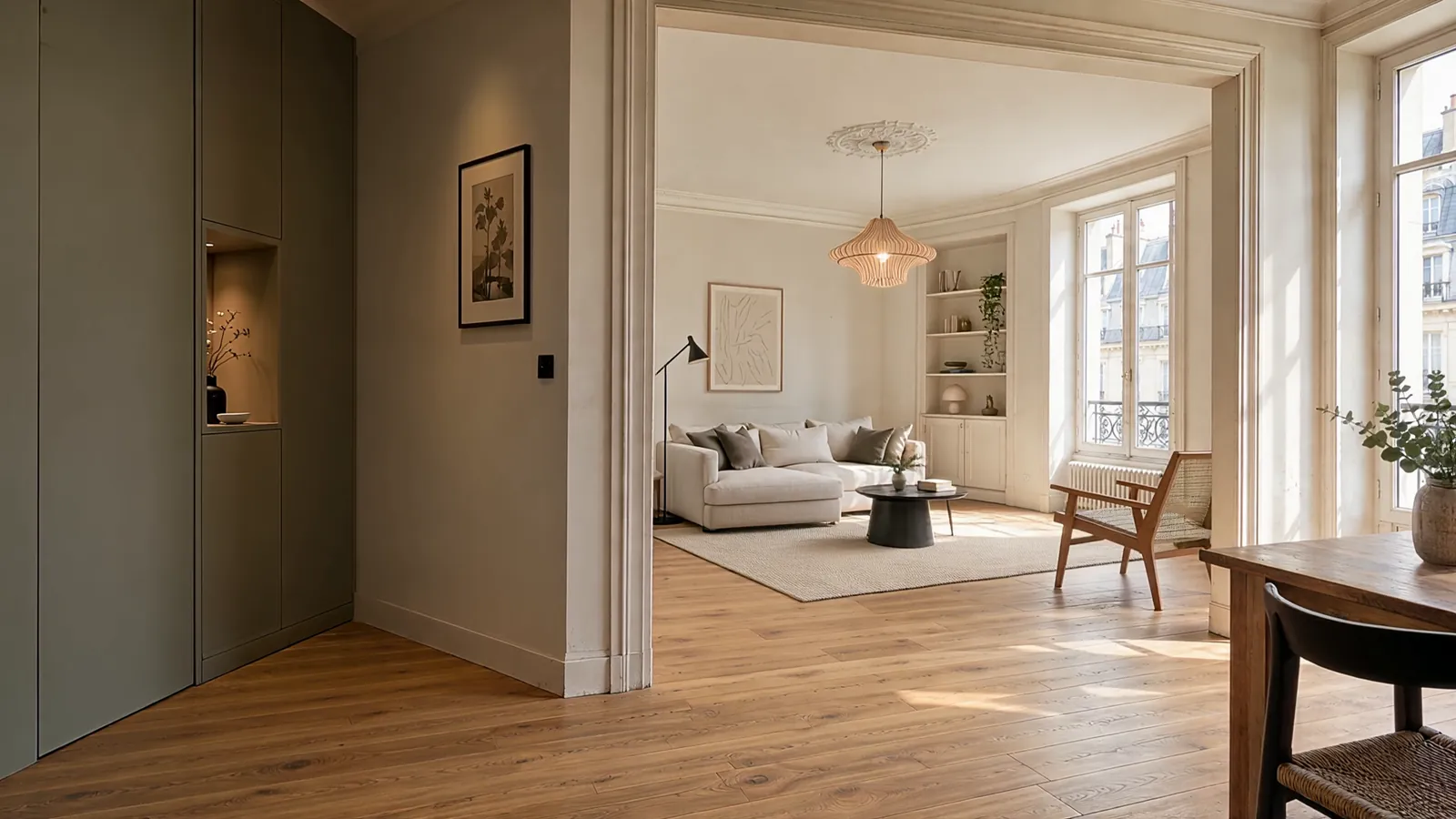 Visuel d’ambiance généré : pièce rénovée, parquet clair et salon lumineux.