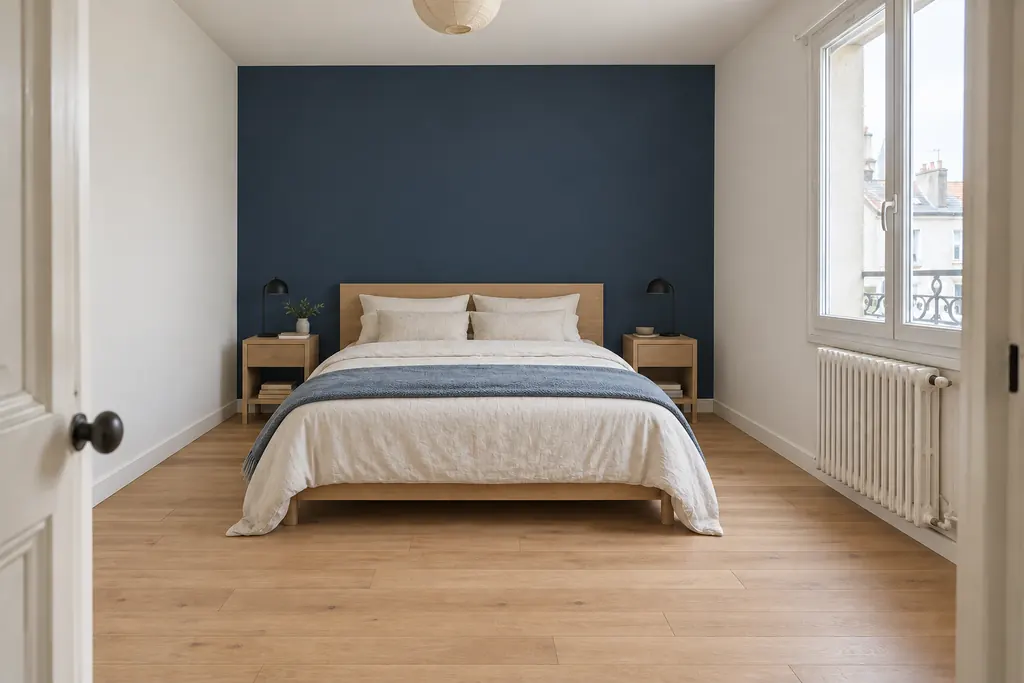 Simulation après rénovation, sous le même angle : chambre bleu nuit et blanc, parquet clair et tête de lit en chêne.
