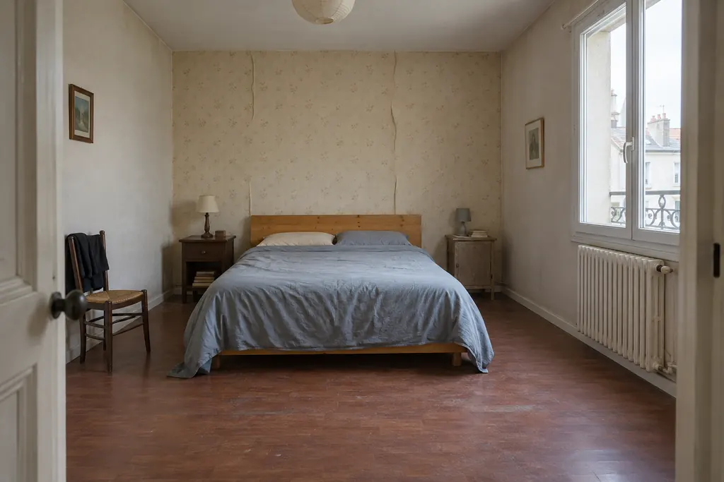 Simulation avant rénovation : chambre avec papier peint vieilli, lit en bois et sol stratifié usé.